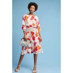 Anthropologie Maeve Orange Red Gemma Floral Print Midi Dress
